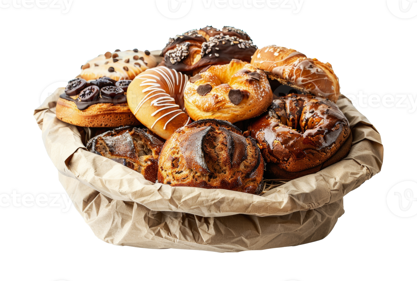 Variety of freshly baked goods displayed in a basket, cut out - stock .. png