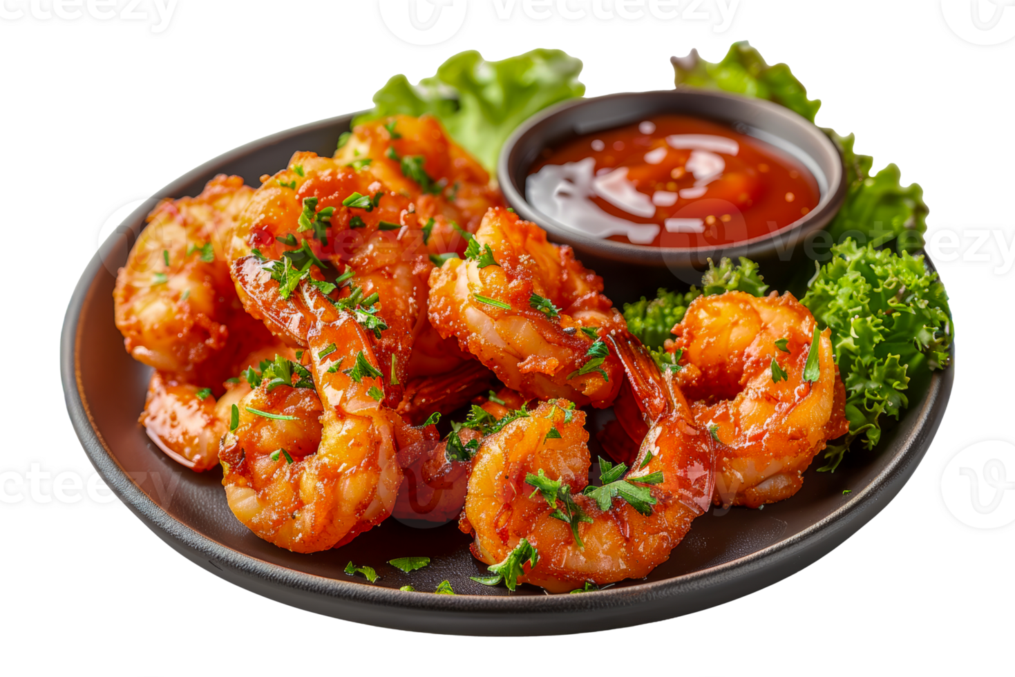 Spicy marinated shrimp served with greens and dipping sauce, cut out - stock .. png