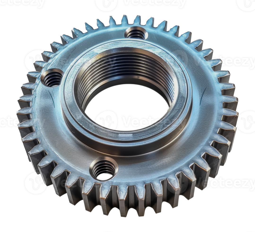 Shiny blue mechanical gear with sharp teeth, cut out - stock .. png