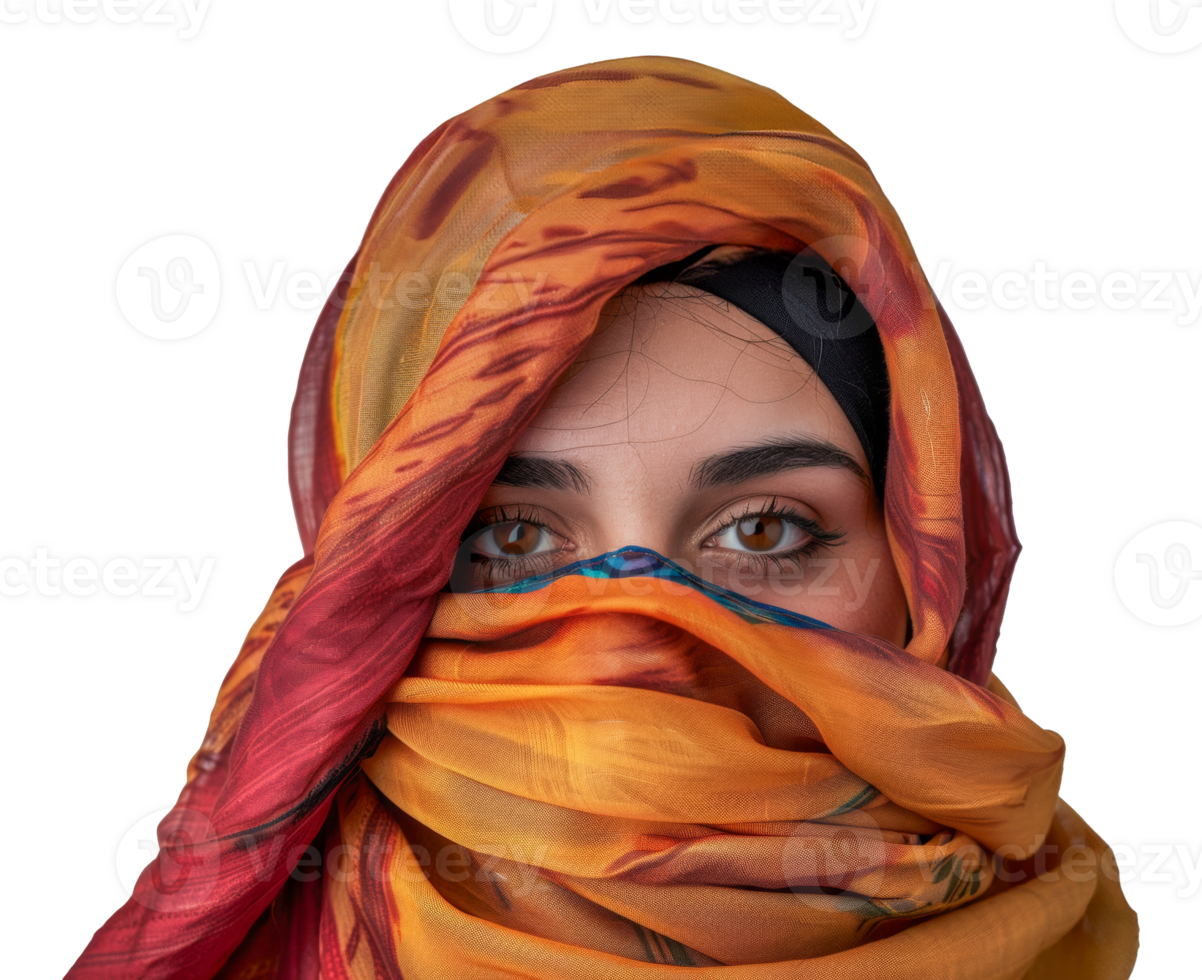 A woman wearing a scarf with a red and orange pattern - stock .. png