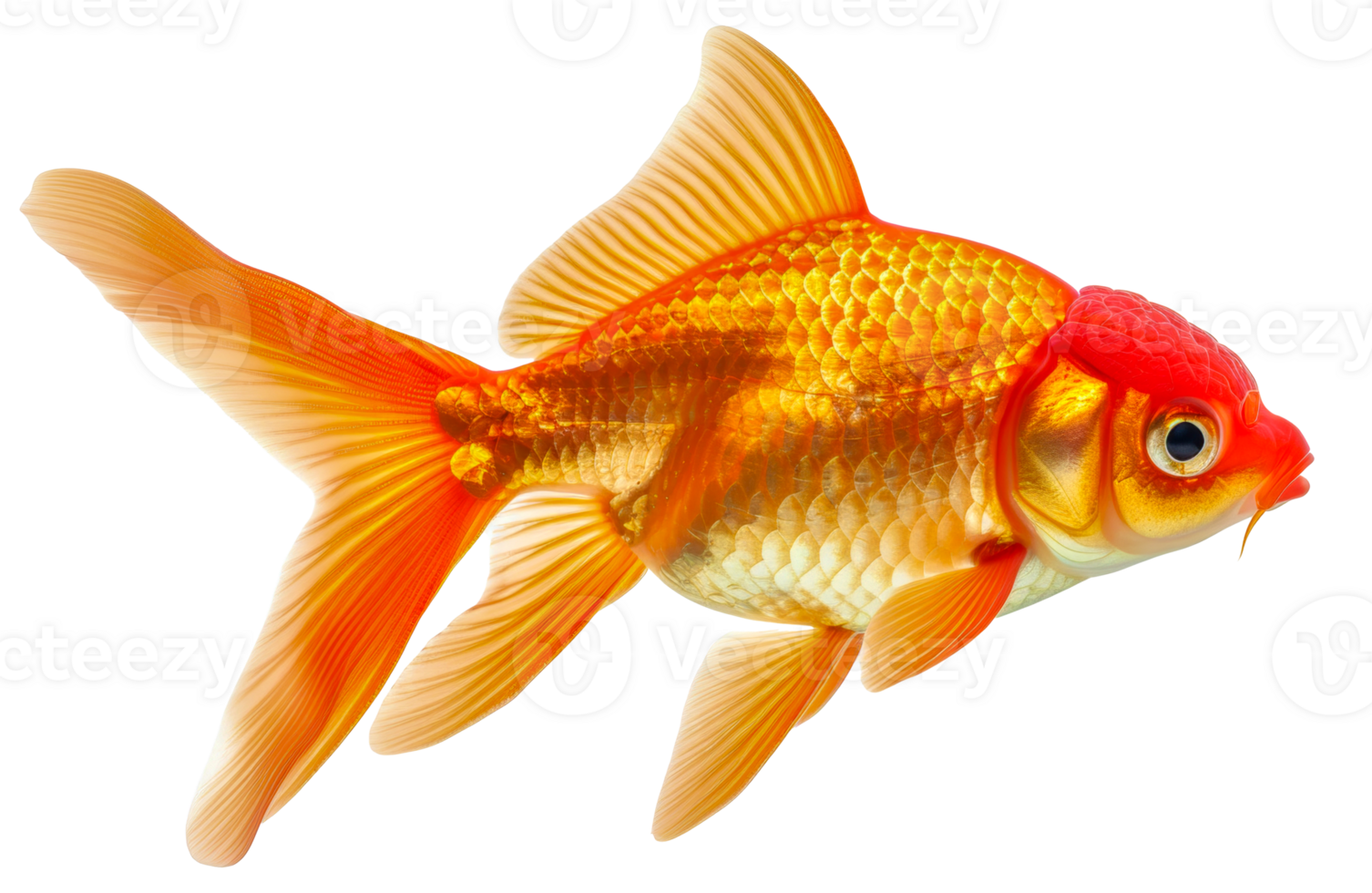 A gold and red fish with a red cap on its head - stock .. png