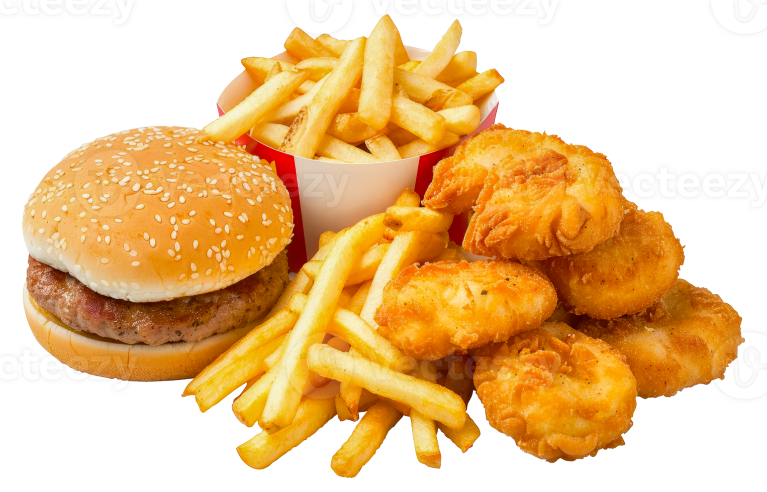 A burger, fries, and fish sticks are served in a box - stock .. png