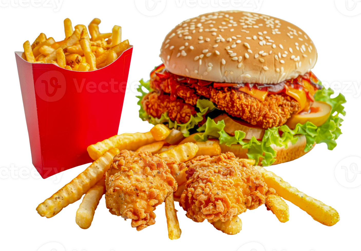 A red box of fries sits next to a hamburger and a salad - stock .. png