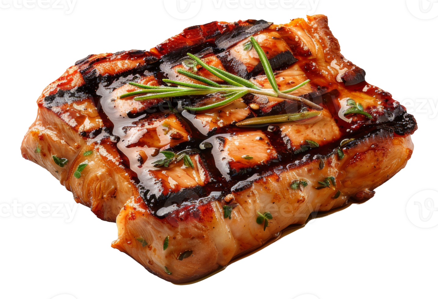 Juicy grilled steak with fresh herbs and balsamic glaze on transparent background - stock . png
