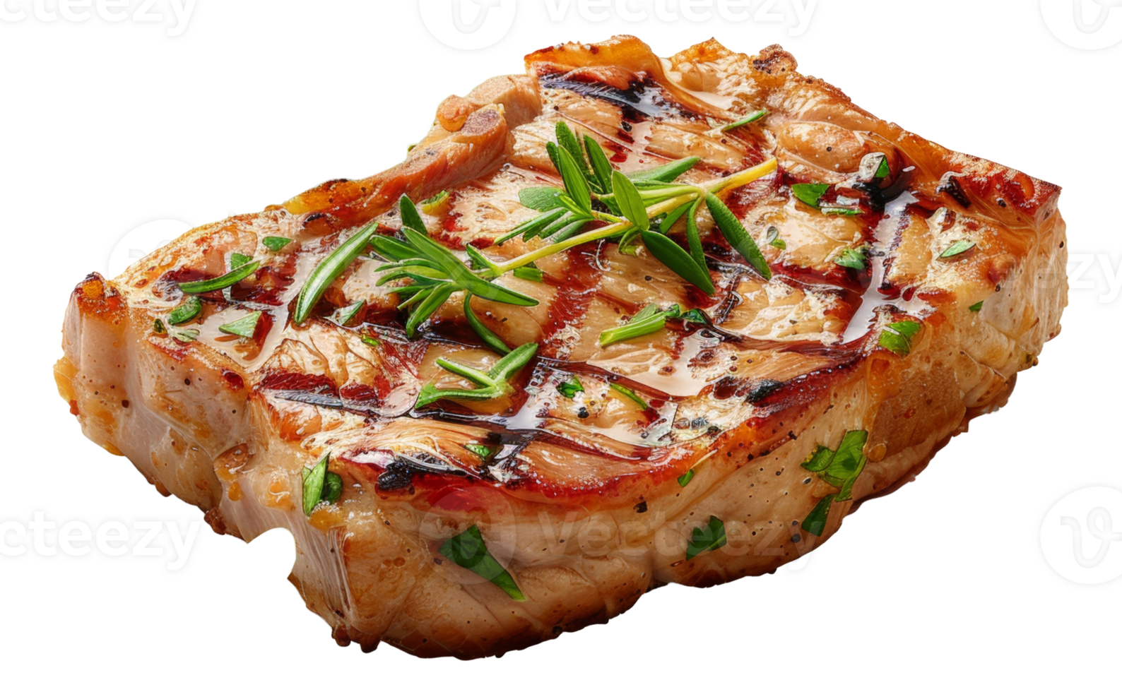 Grilled pork chop with fresh herbs on transparent background - stock .. png