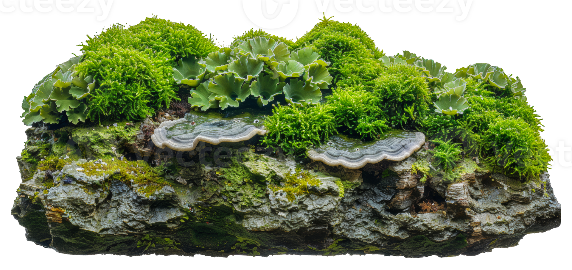 Green moss and ferns on rocky surface, cut out - stock .. png