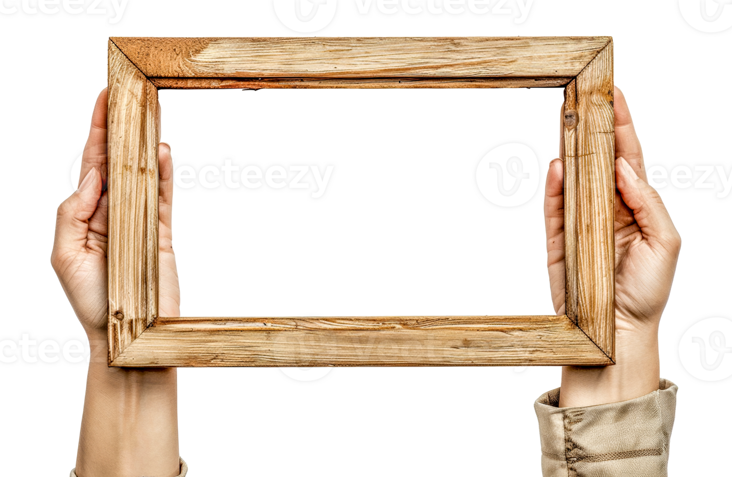 A person holds a wooden frame - stock .. png