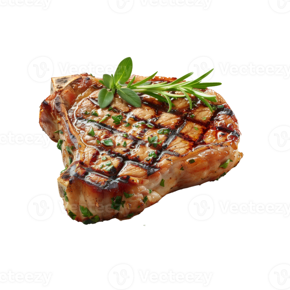 Grilled pork chop with fresh herbs on transparent background - stock .. png