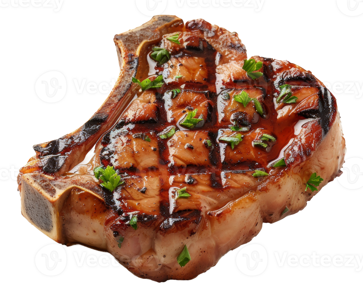 Juicy grilled steak with fresh herbs and balsamic glaze on transparent background - stock . png