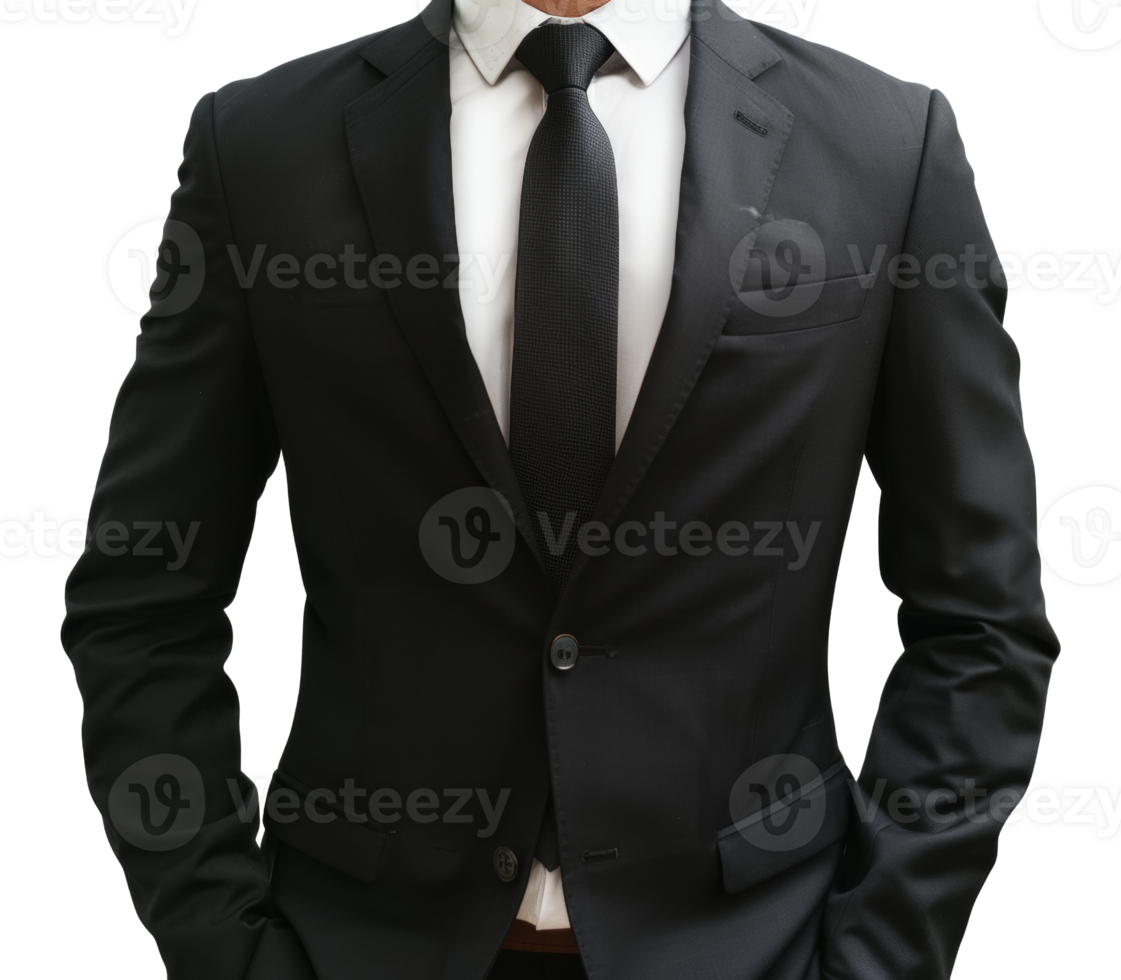 A man in a black suit and white shirt is wearing a black tie - stock .. png