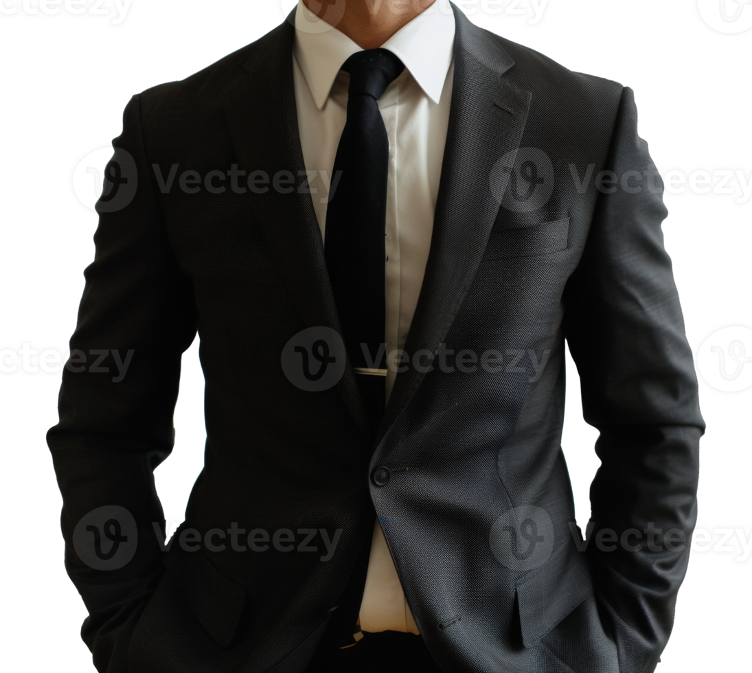 A man in a suit and tie is standing with his hands on his hips - stock .. png