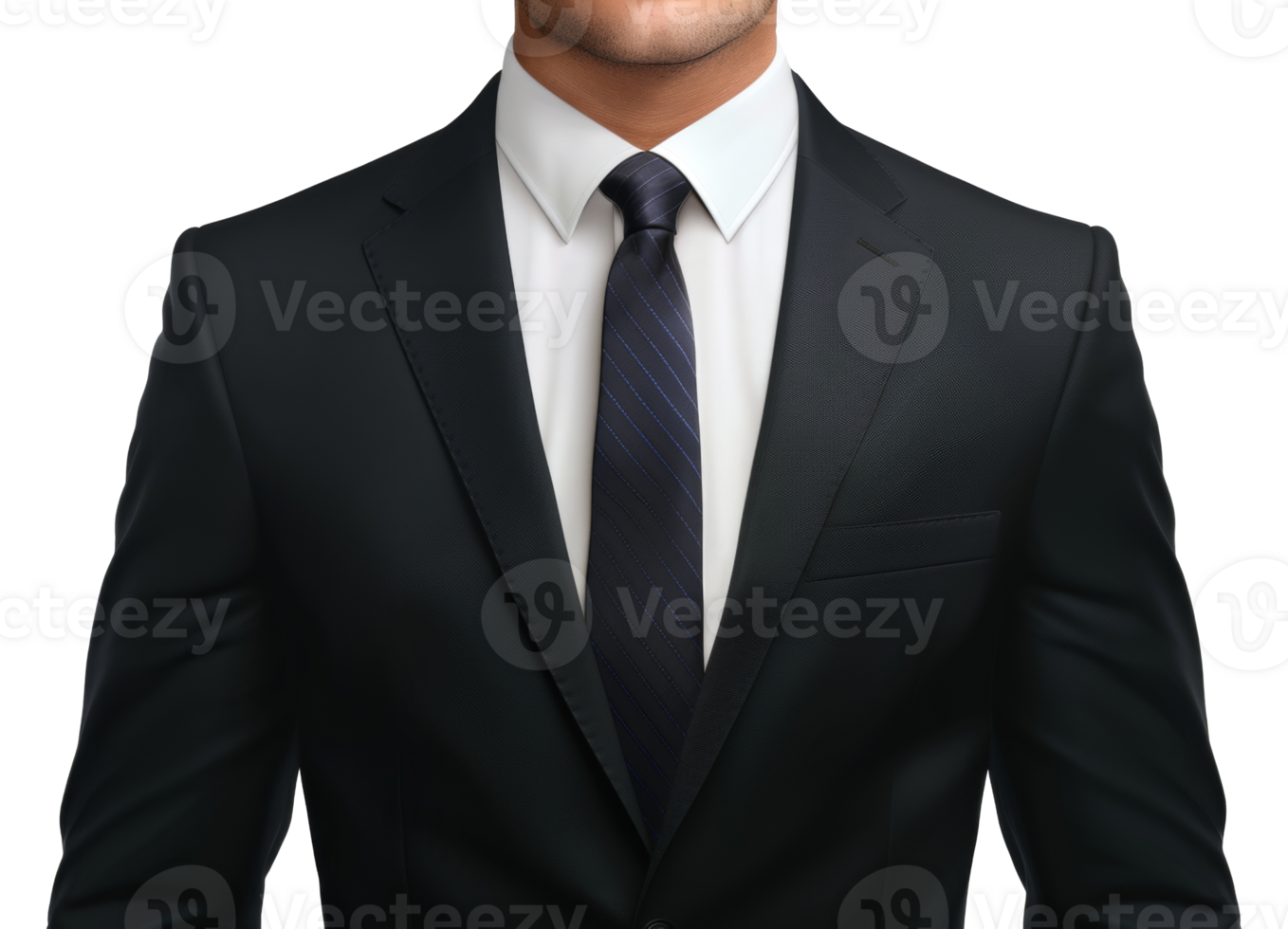 A man wearing a black suit and white shirt with a black tie - stock .. png