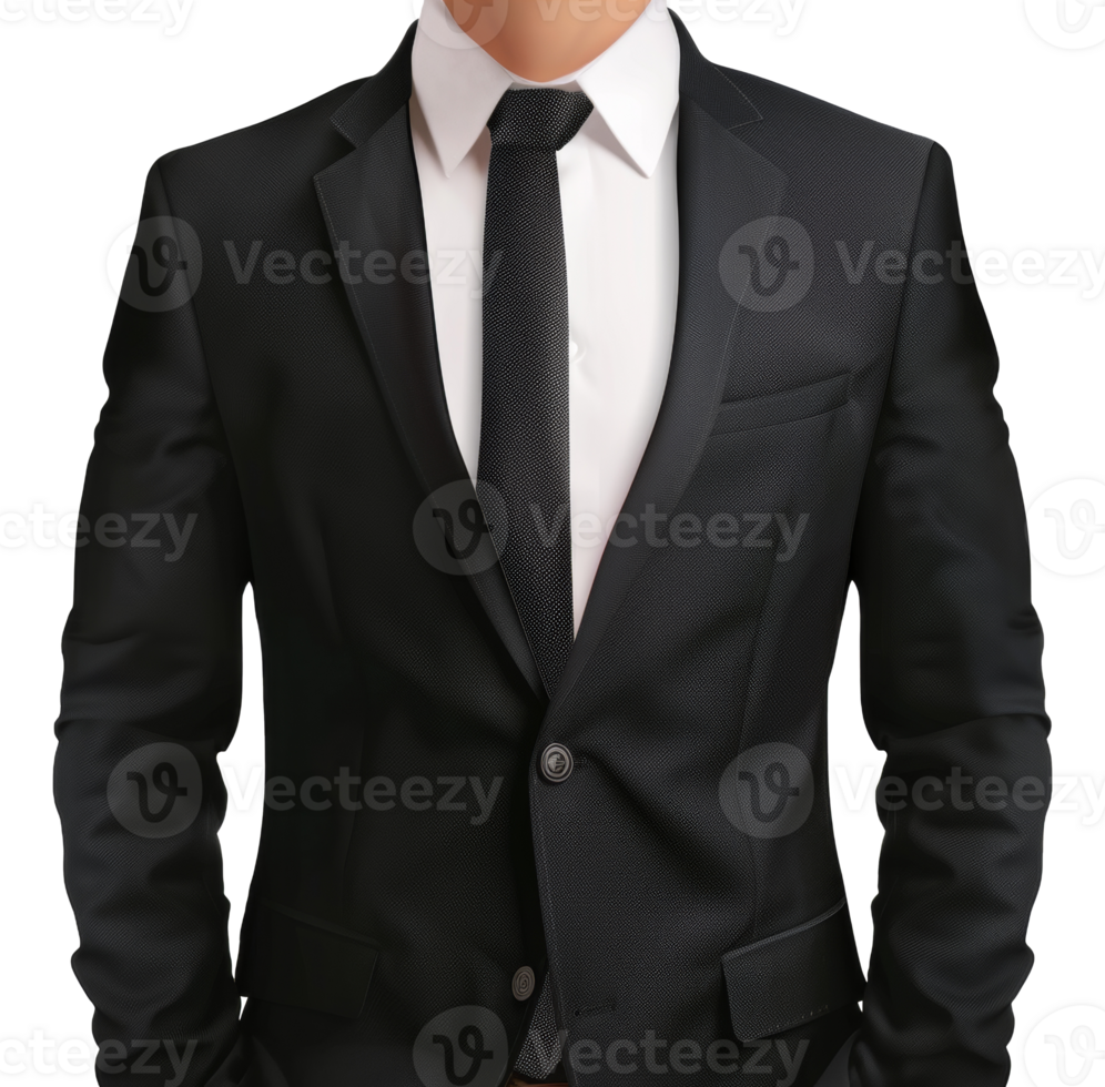 A man in a black suit and white shirt is wearing a black tie - stock .. png