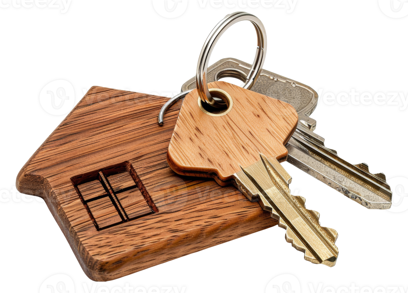 A wooden key with a house on it sits on top of a silver key - stock .. png