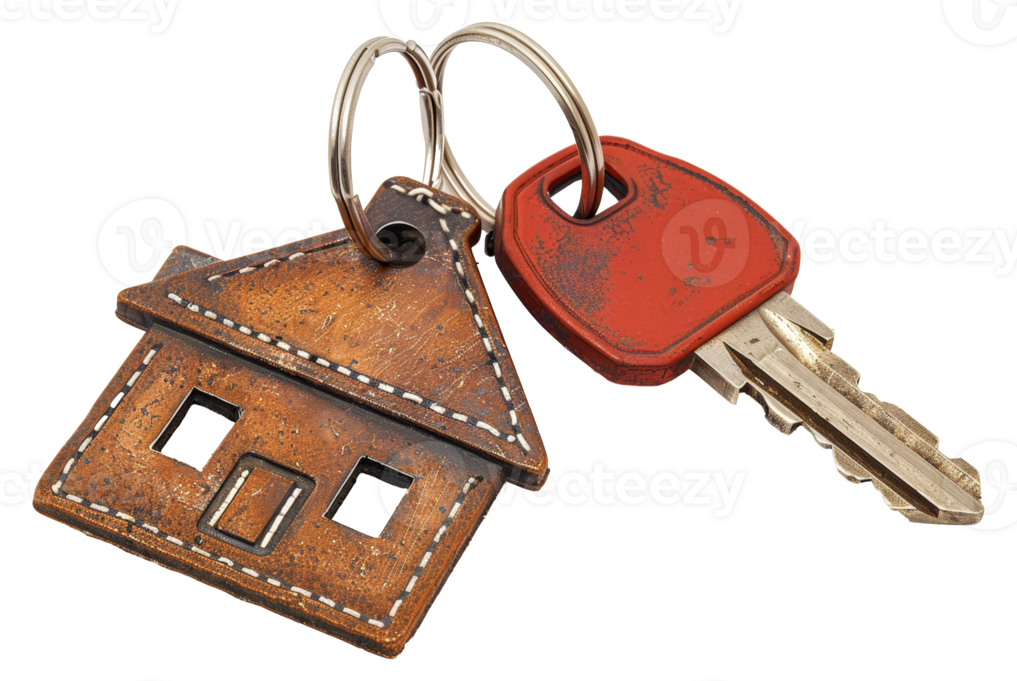A key and a house keychain are shown together - stock .. png