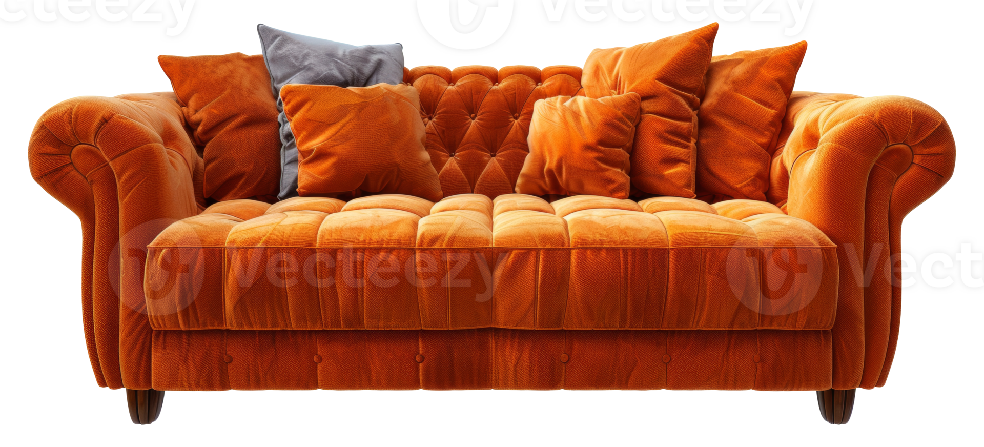 A large orange couch with pillows on it - stock .. png