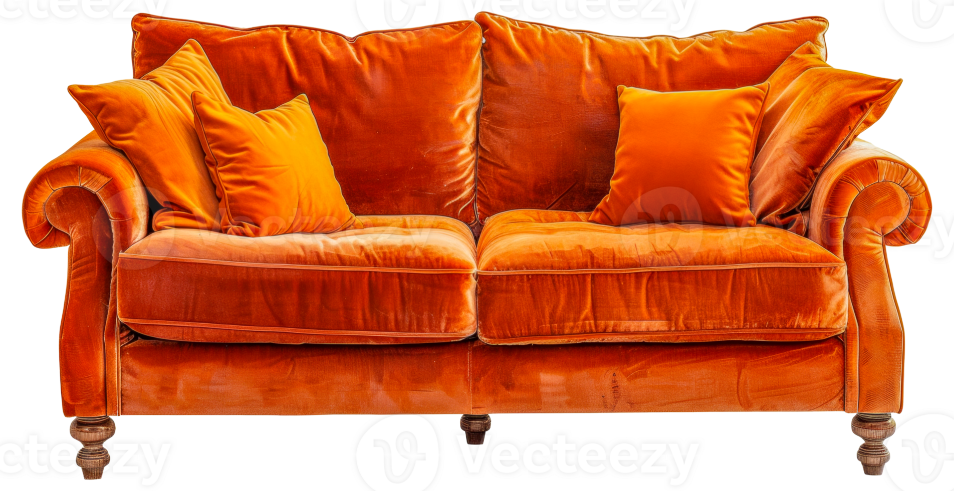 A large orange couch with pillows on it - stock .. png