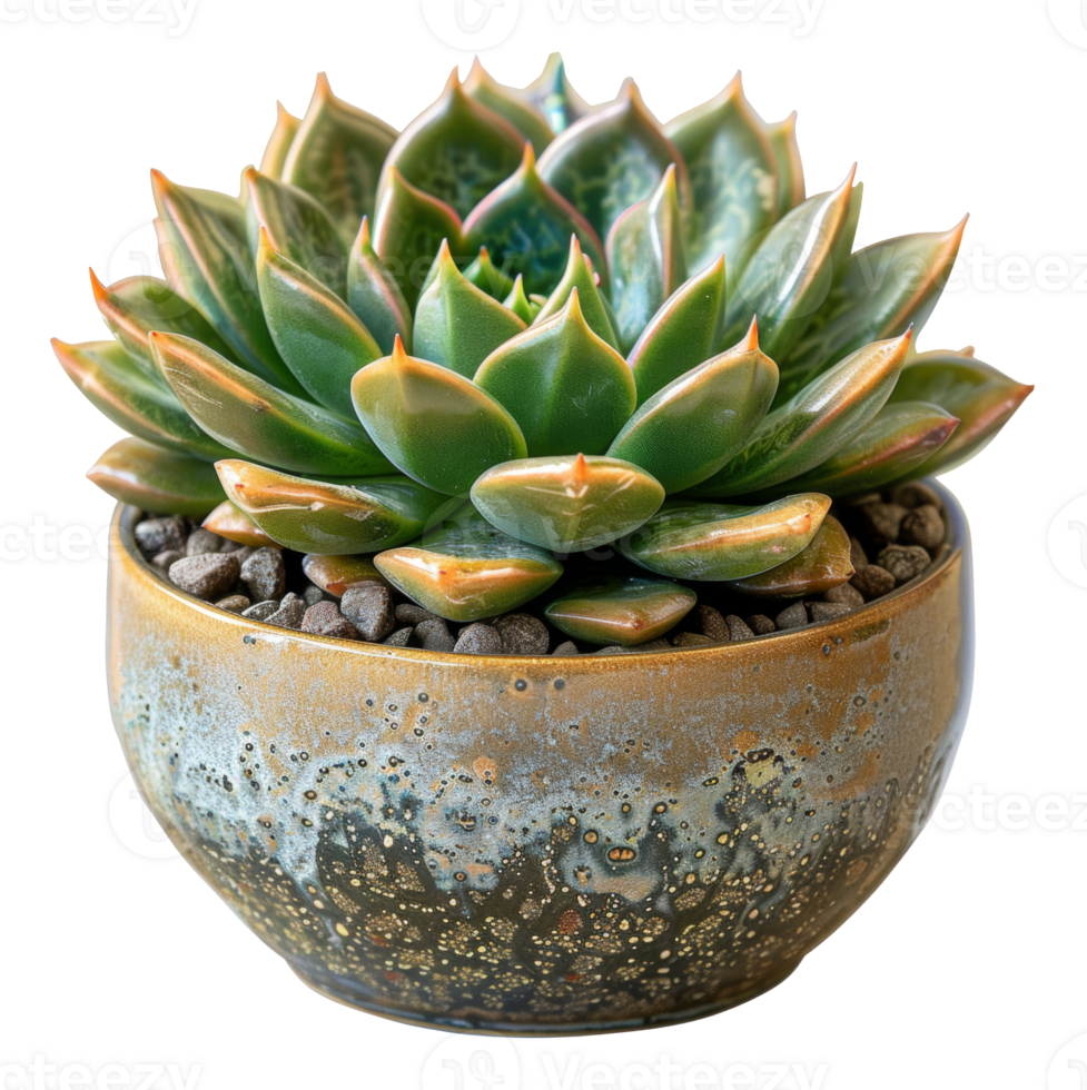 Green succulent with red tips in rustic ceramic pot on transparent background - stock . png