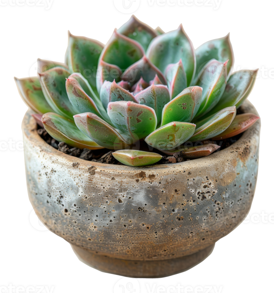 Green succulent with red tips in rustic ceramic pot on transparent background - stock . png