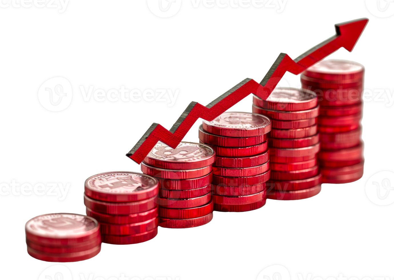 Red coin stacks with upward growth arrow, cut out - stock .. png