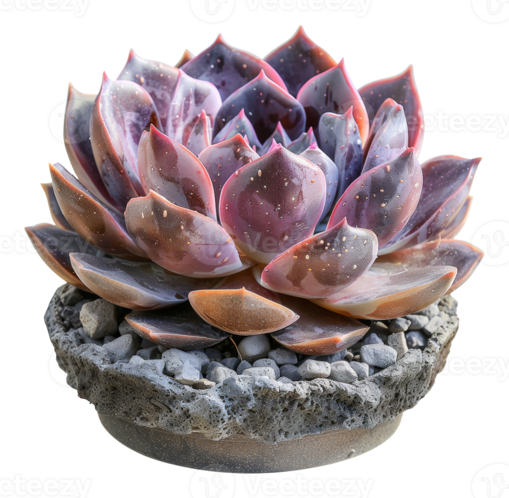 Pastel succulent plant in a stone pot with pebbles on transparent background - stock . png