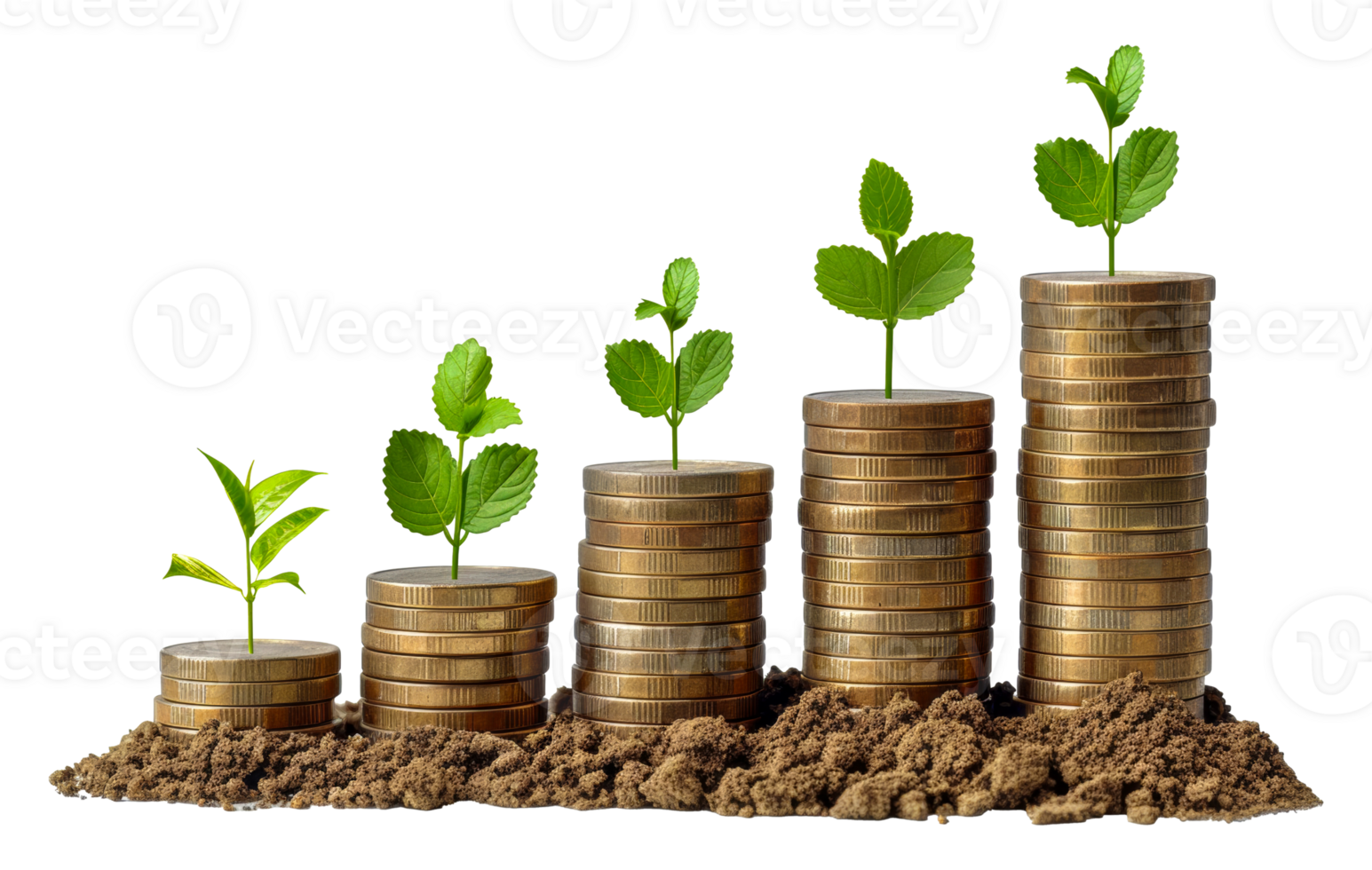 Coin stacks and green leaves symbolizing financial growth, cut out - stock .. png