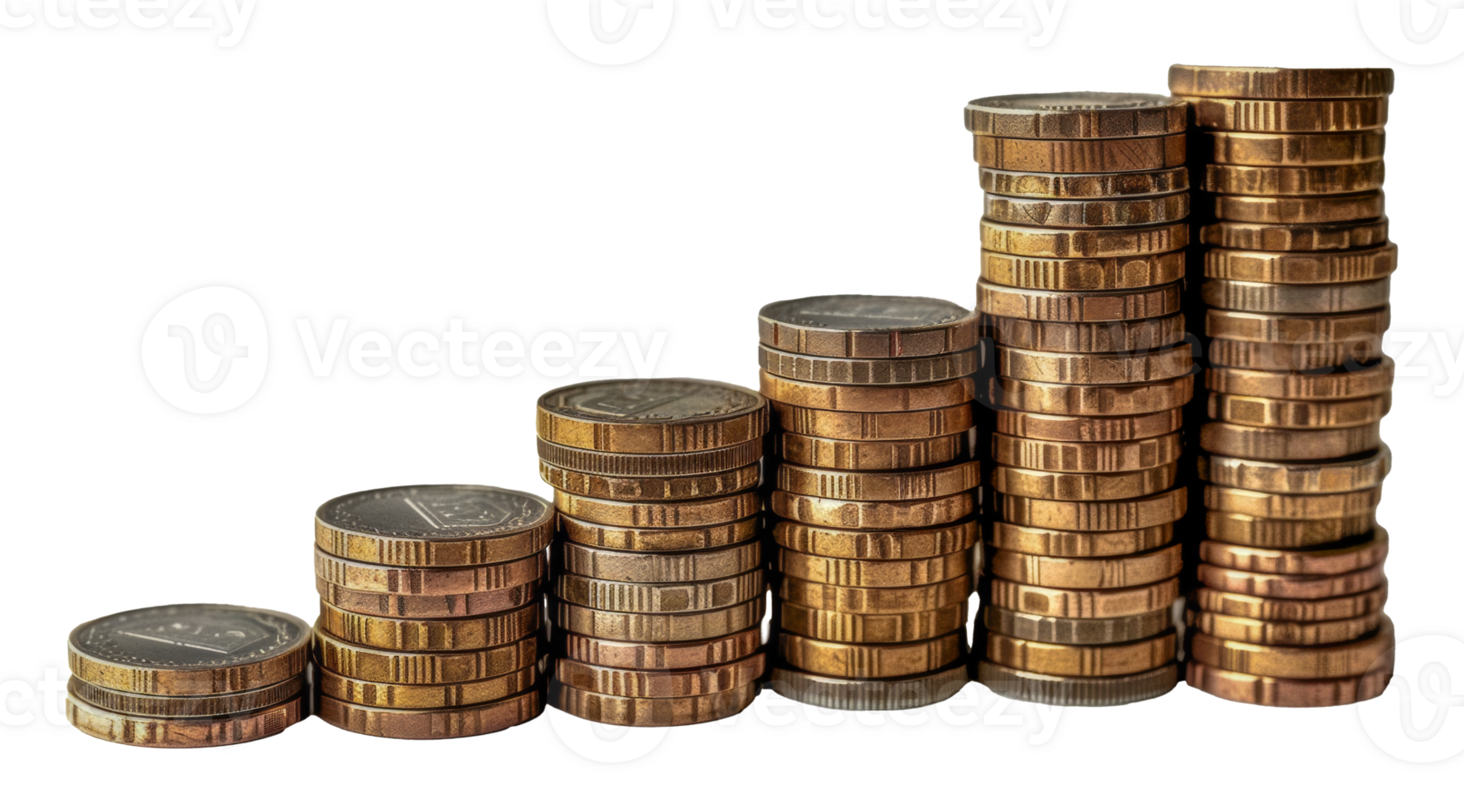 Stacked euro coins increasing in height, cut out - stock .. png
