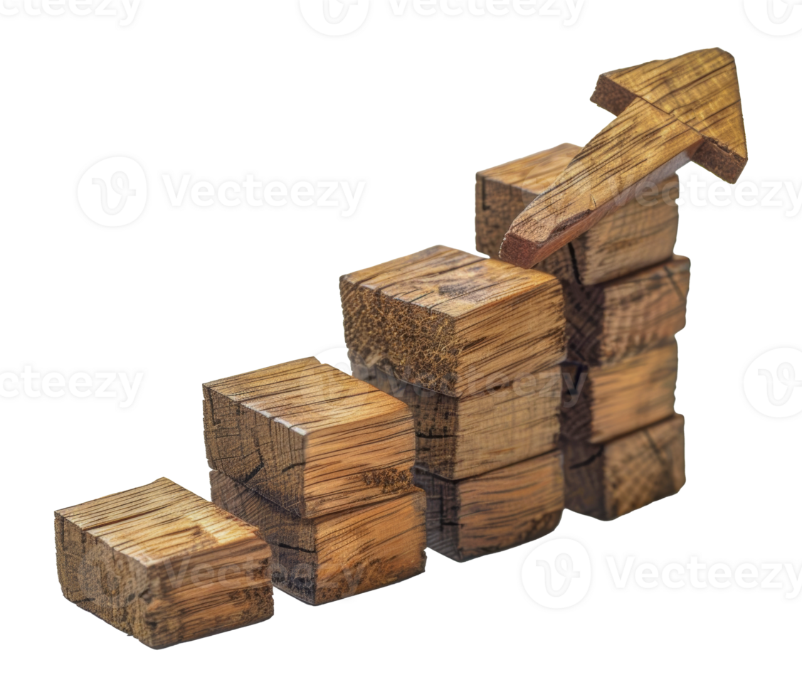 Wooden blocks graph with rising arrow, cut out - stock .. png