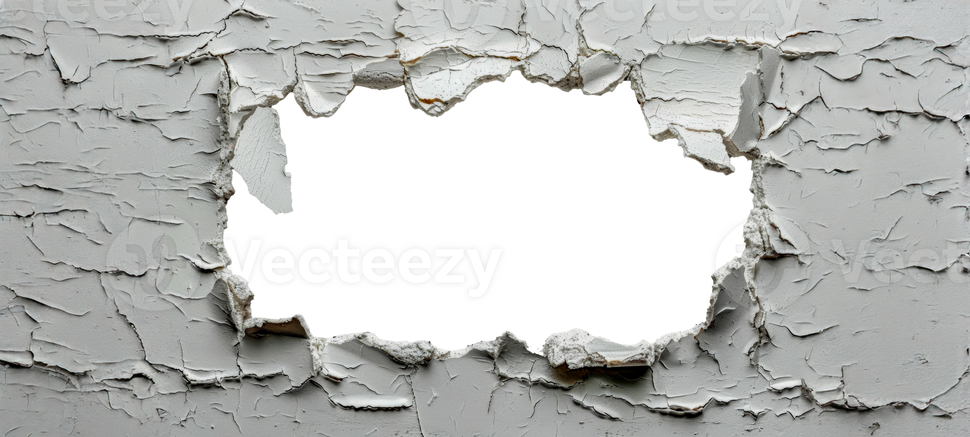 Damaged white wall with large cracks, cut out - stock .. png