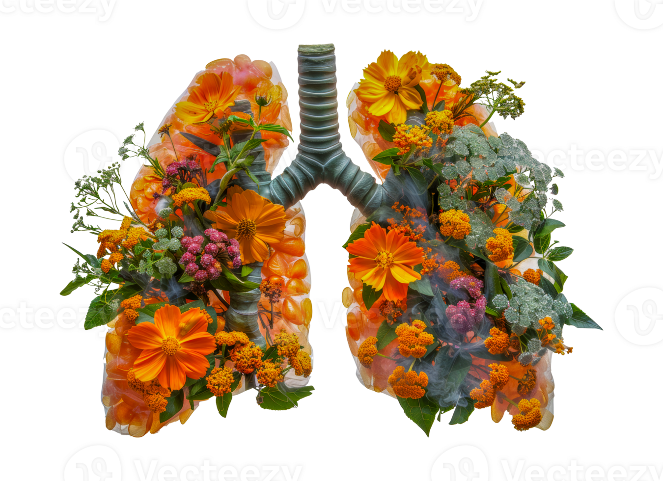 Lungs-shaped floral arrangement with vibrant flowers, cut out - stock .. png