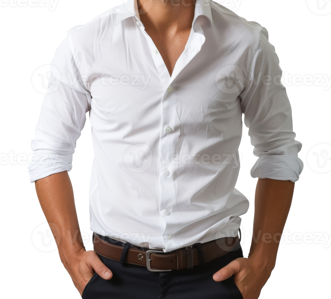 A man in a white shirt and brown belt is standing with his hands on his hips - stock .. png