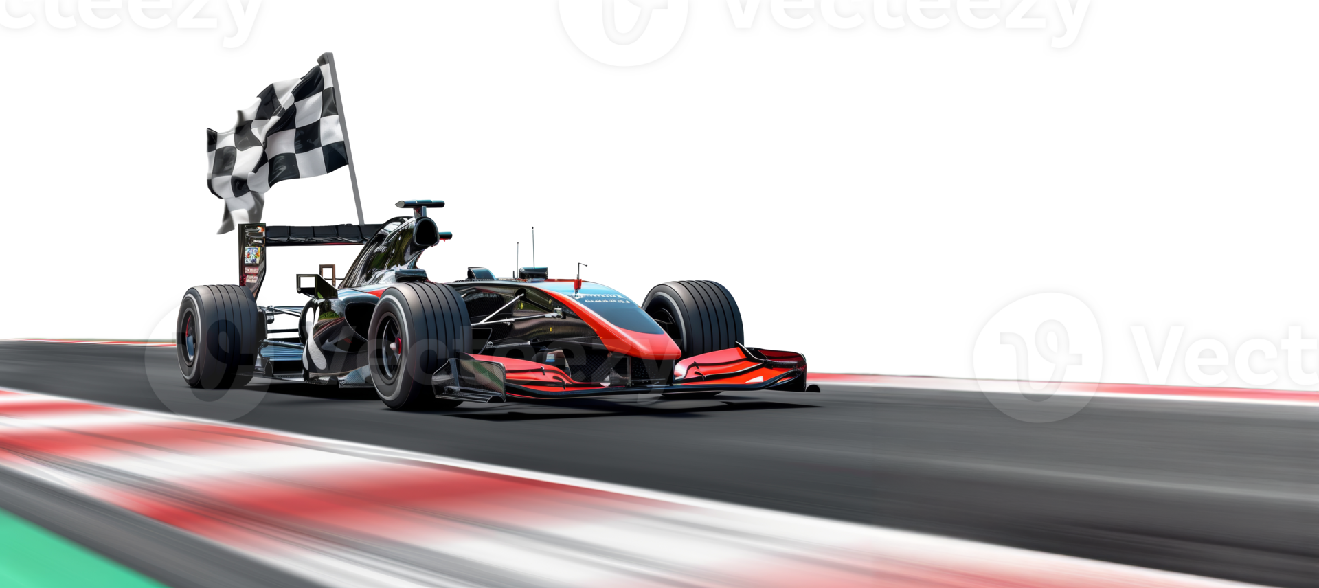Racing car waving checkered flag on race circuit, cut out - stock .. png