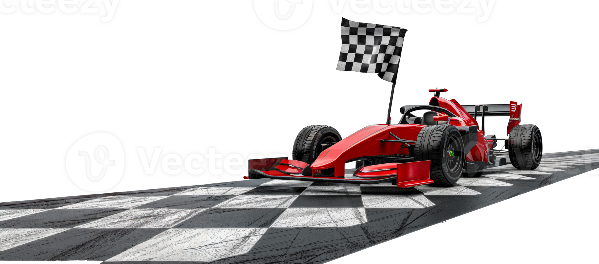Red formula one racing car crossing checkered finish line, cut out - stock .. png