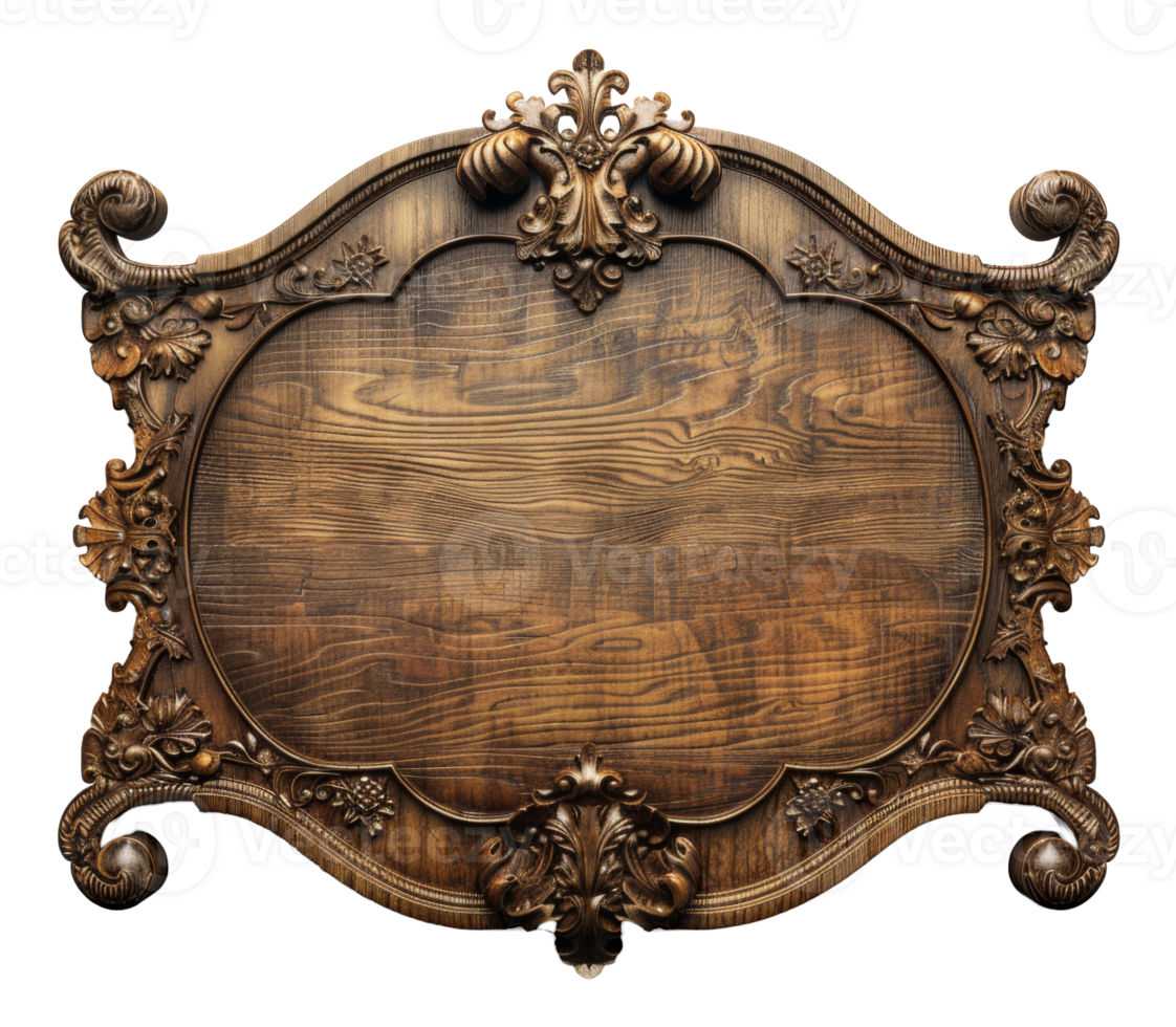Ornate carved wooden frame with intricate details on transparent background - stock .. png