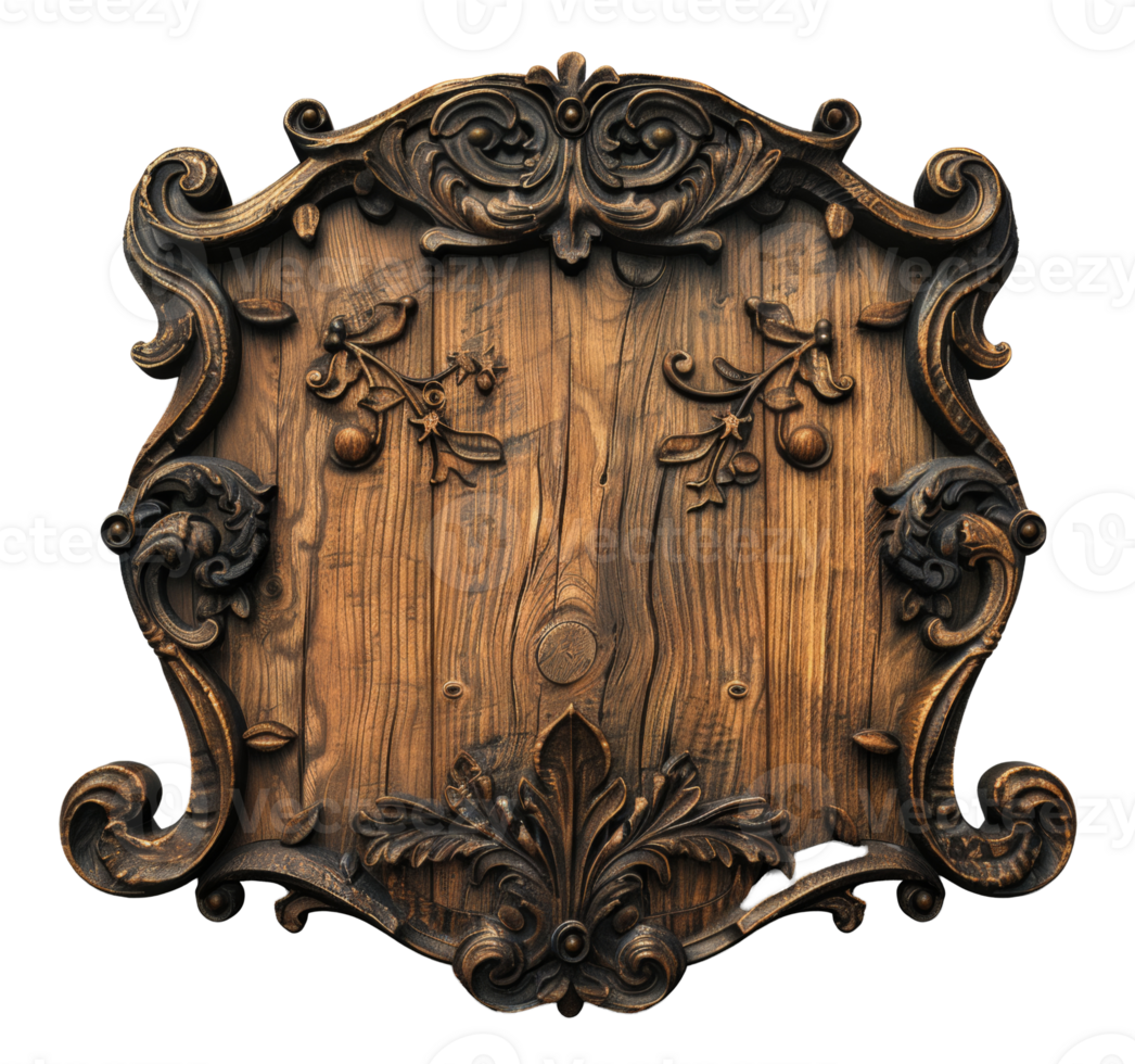 Ornate carved wooden frame with intricate details on transparent background - stock .. png