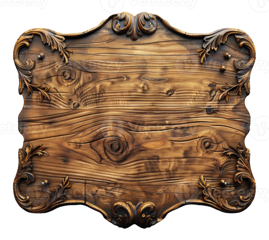 Ornate wooden carving with floral patterns and vintage details on transparent background - stock .. png