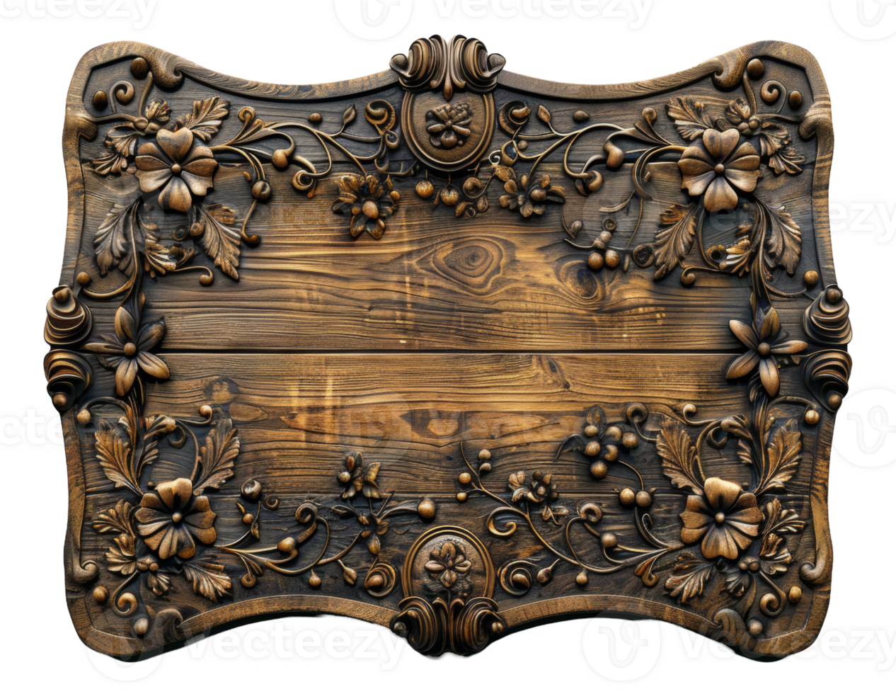Ornate carved wooden frame with intricate details on transparent background - stock .. png