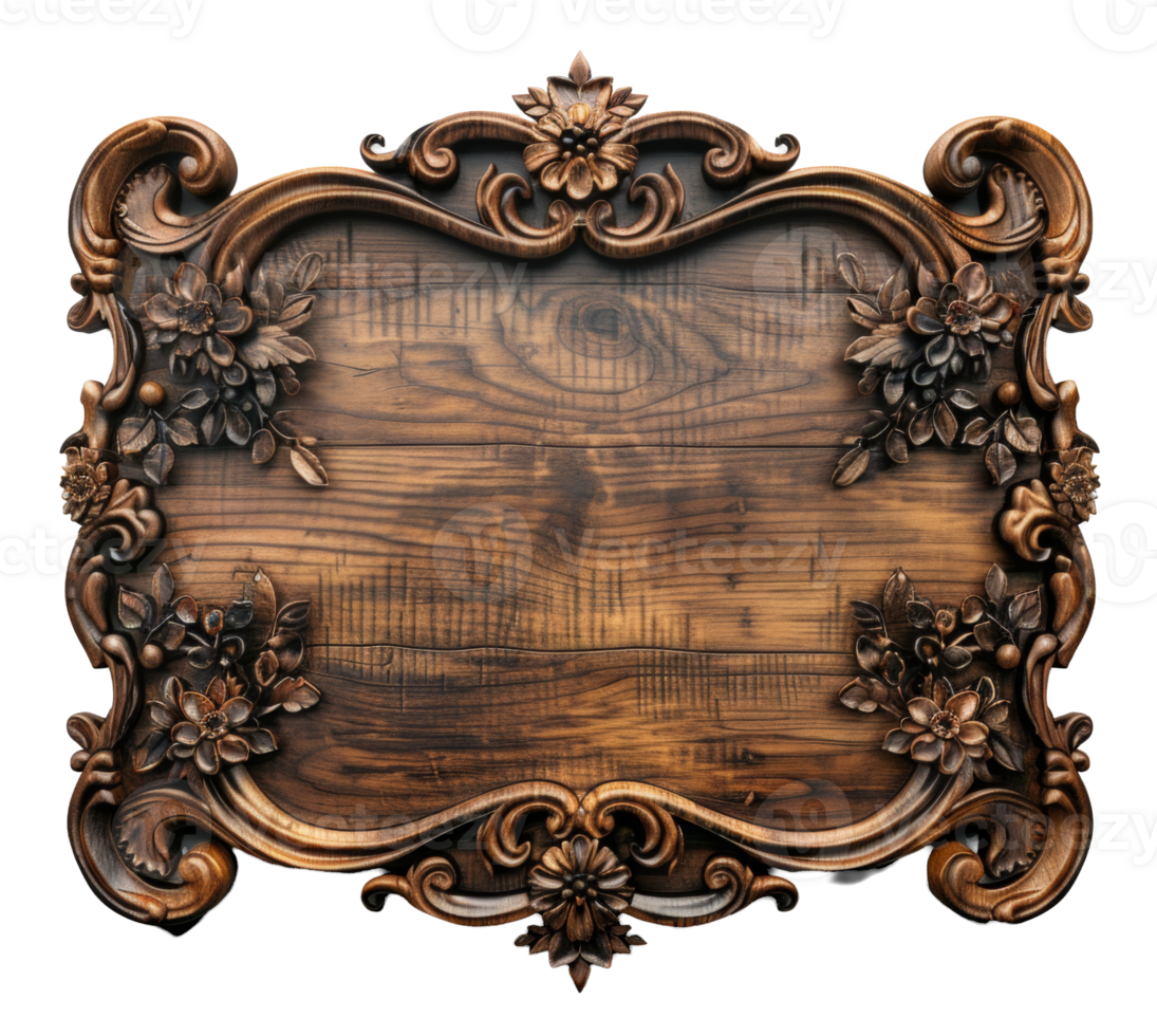 Ornate wooden carving with floral patterns and vintage details on transparent background - stock .. png