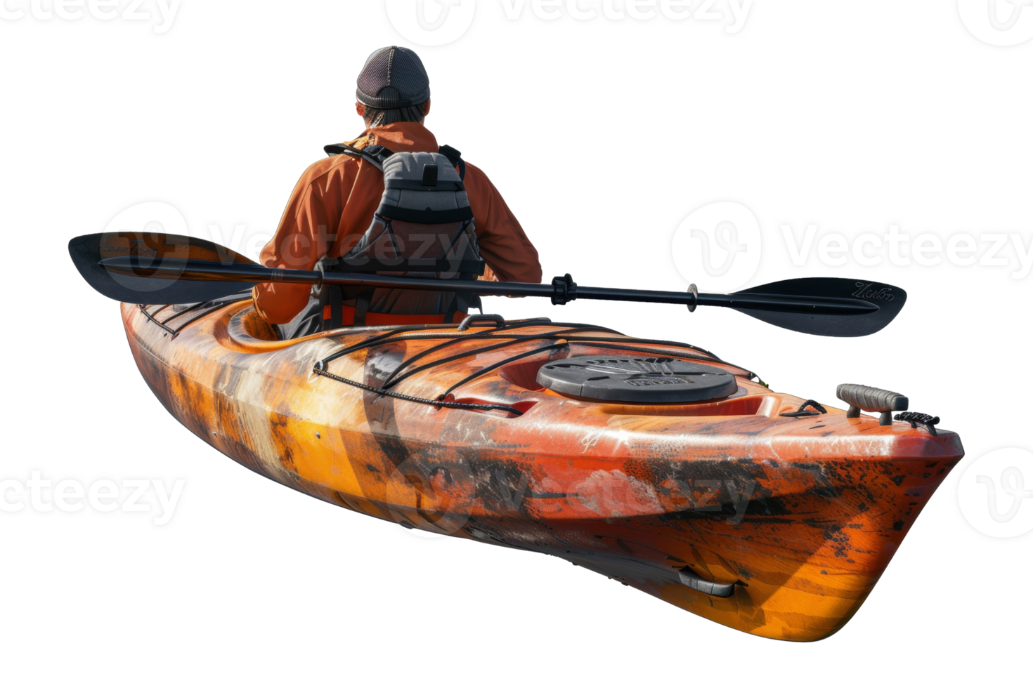Man kayaking in orange kayak with paddles, cut out - stock .. png