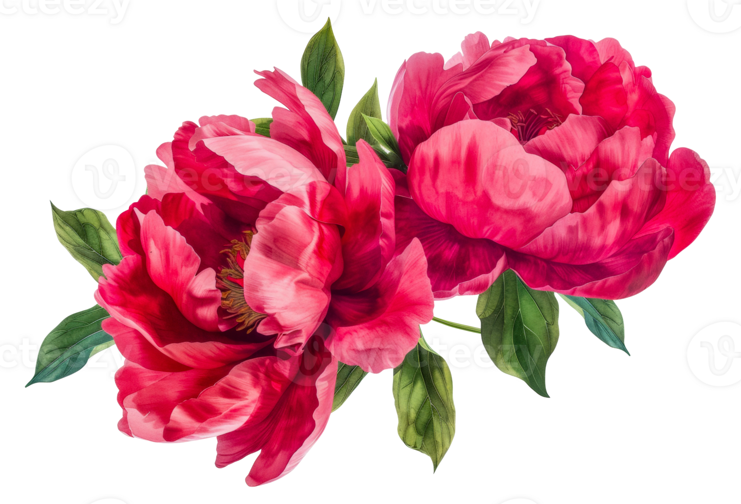 Two red flowers with green leaves - stock .. png