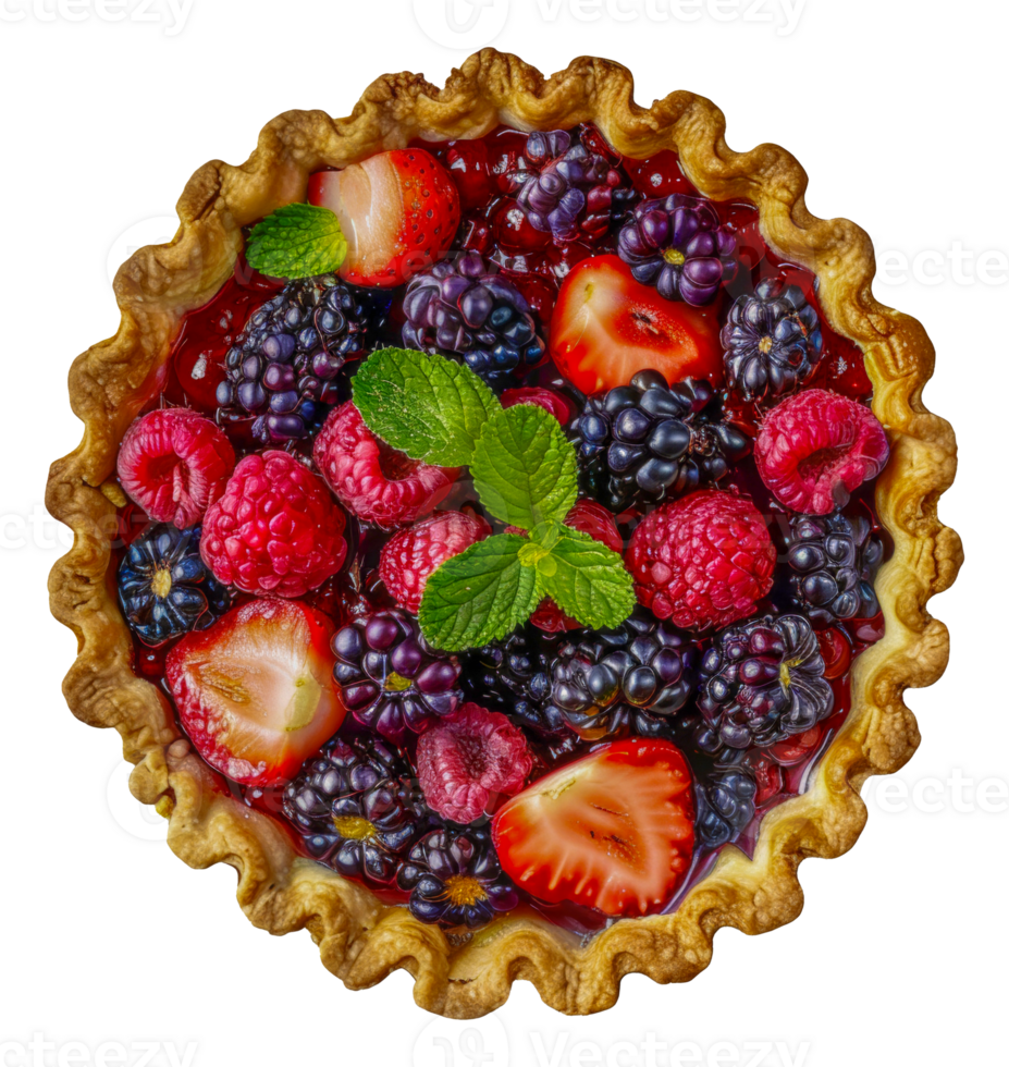 A pie with strawberries, blueberries, and mint leaves - stock .. png