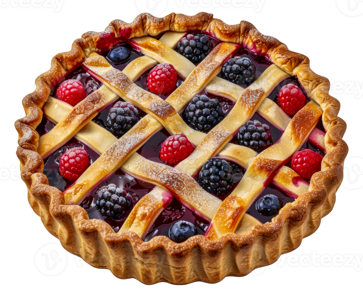 A delicious looking pie with berries and raspberries on top - stock .. png
