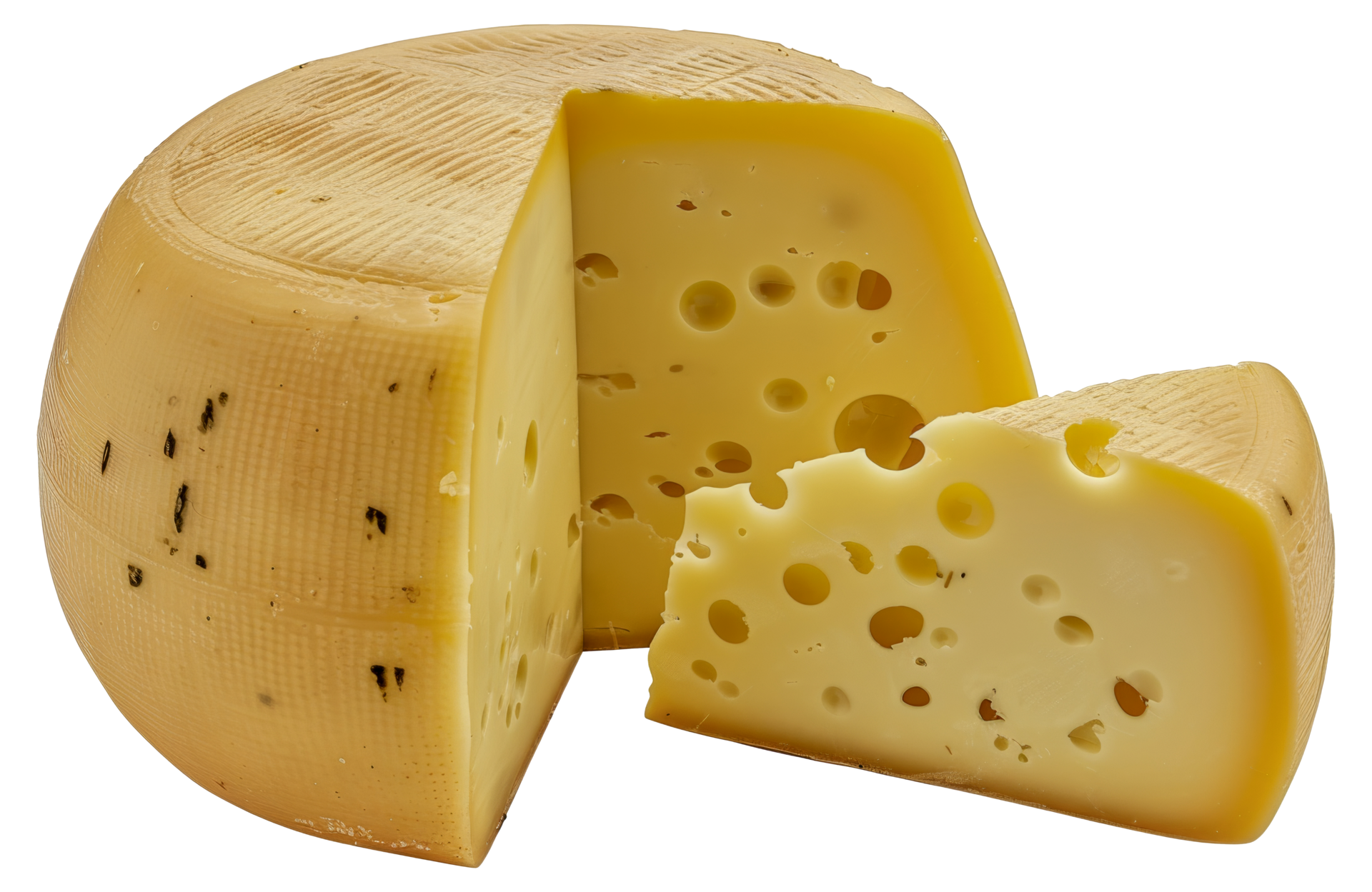 A slice of cheese is cut in half, revealing the yellow interior stock