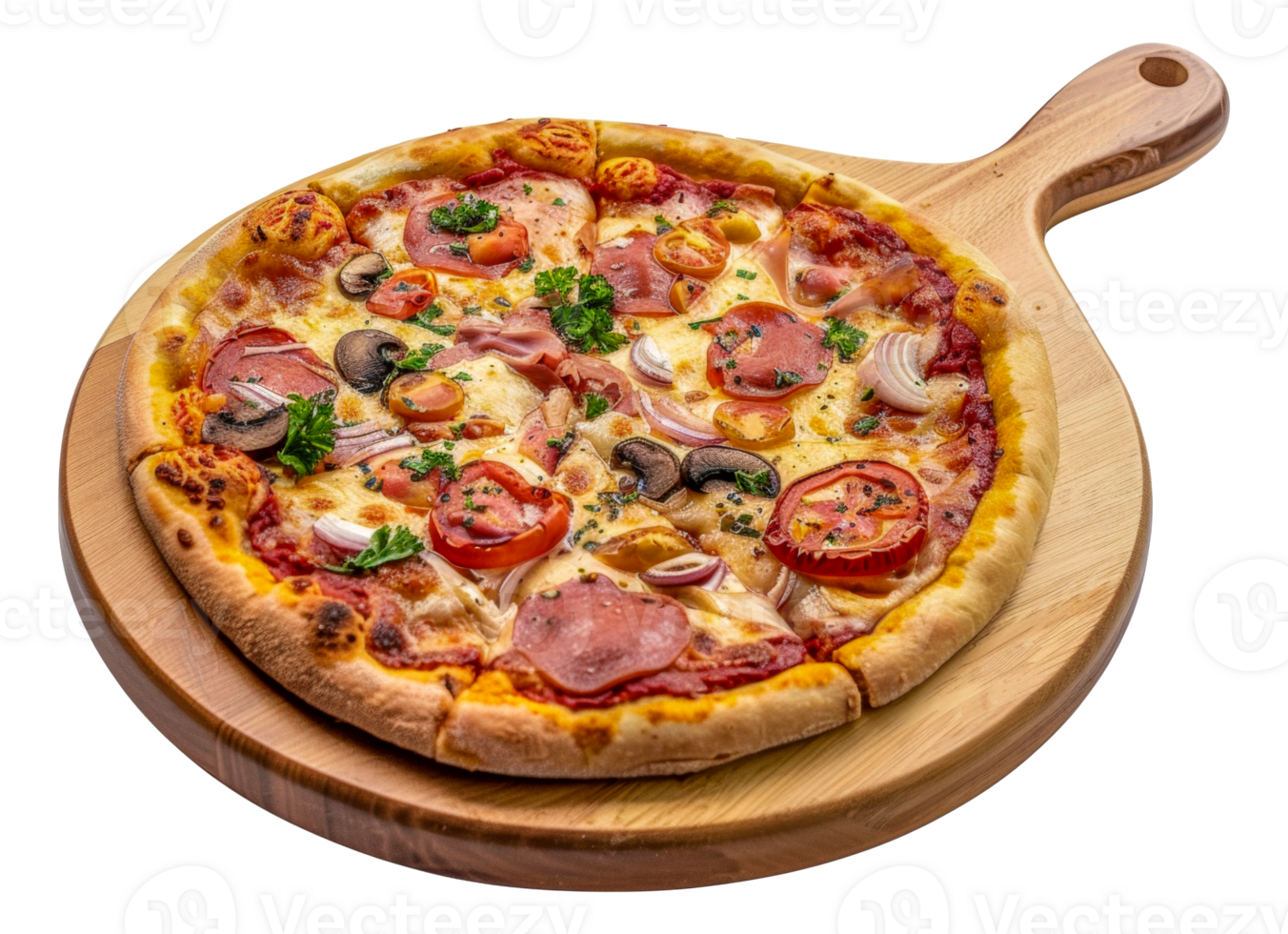 A pizza with mushrooms, tomatoes, and onions on a wooden board - stock .. png