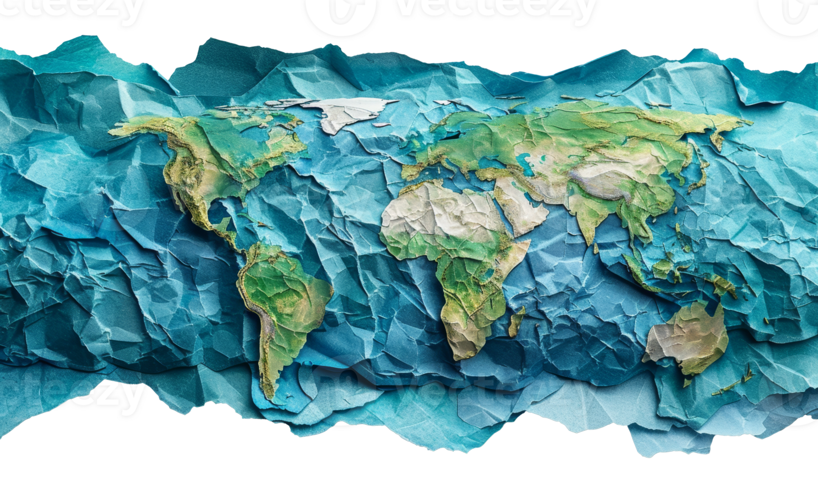 Textured crumpled paper world map, cut out - stock .. png