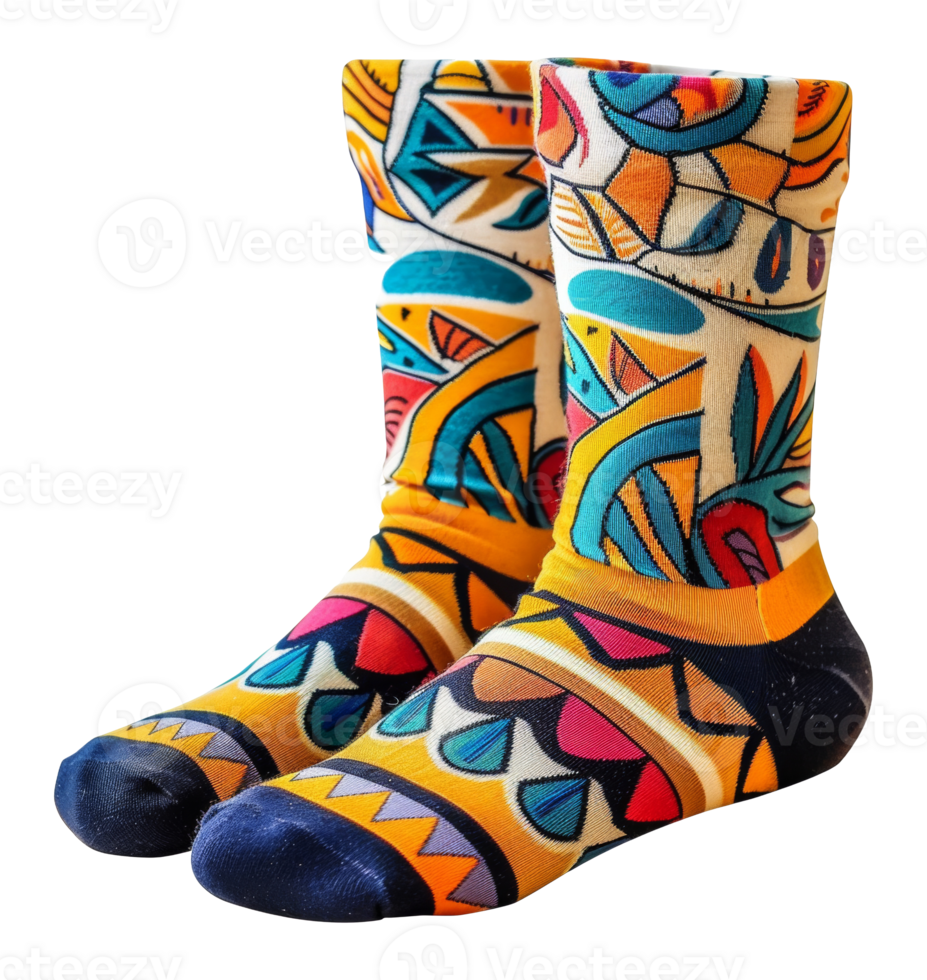 A pair of colorful socks with a pattern of birds and flowers - stock .. png