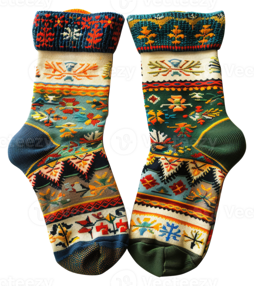 Two colorful socks with a pattern of flowers and trees - stock .. png