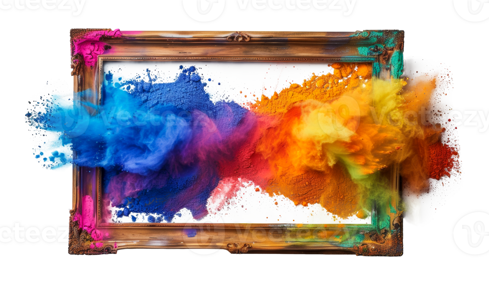Artistic colorful smoke explosion surrounding a frame, cut out - stock .. png