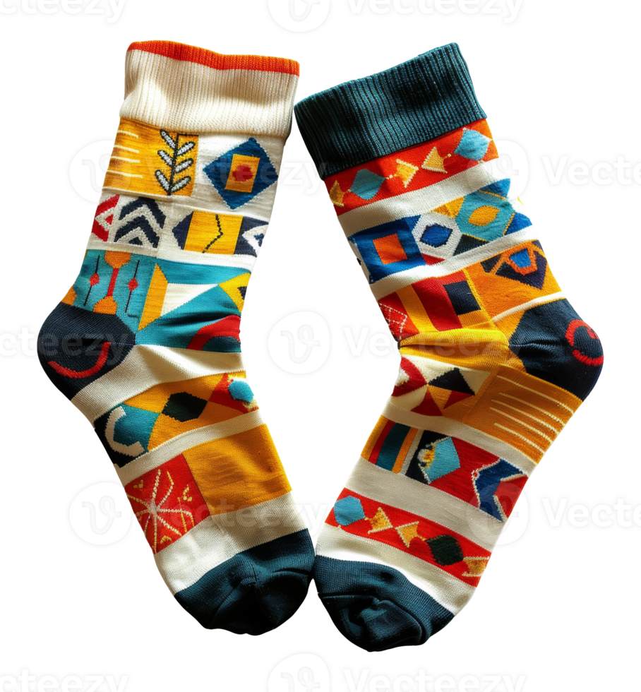Two colorful socks with a variety of patterns and designs - stock .. png