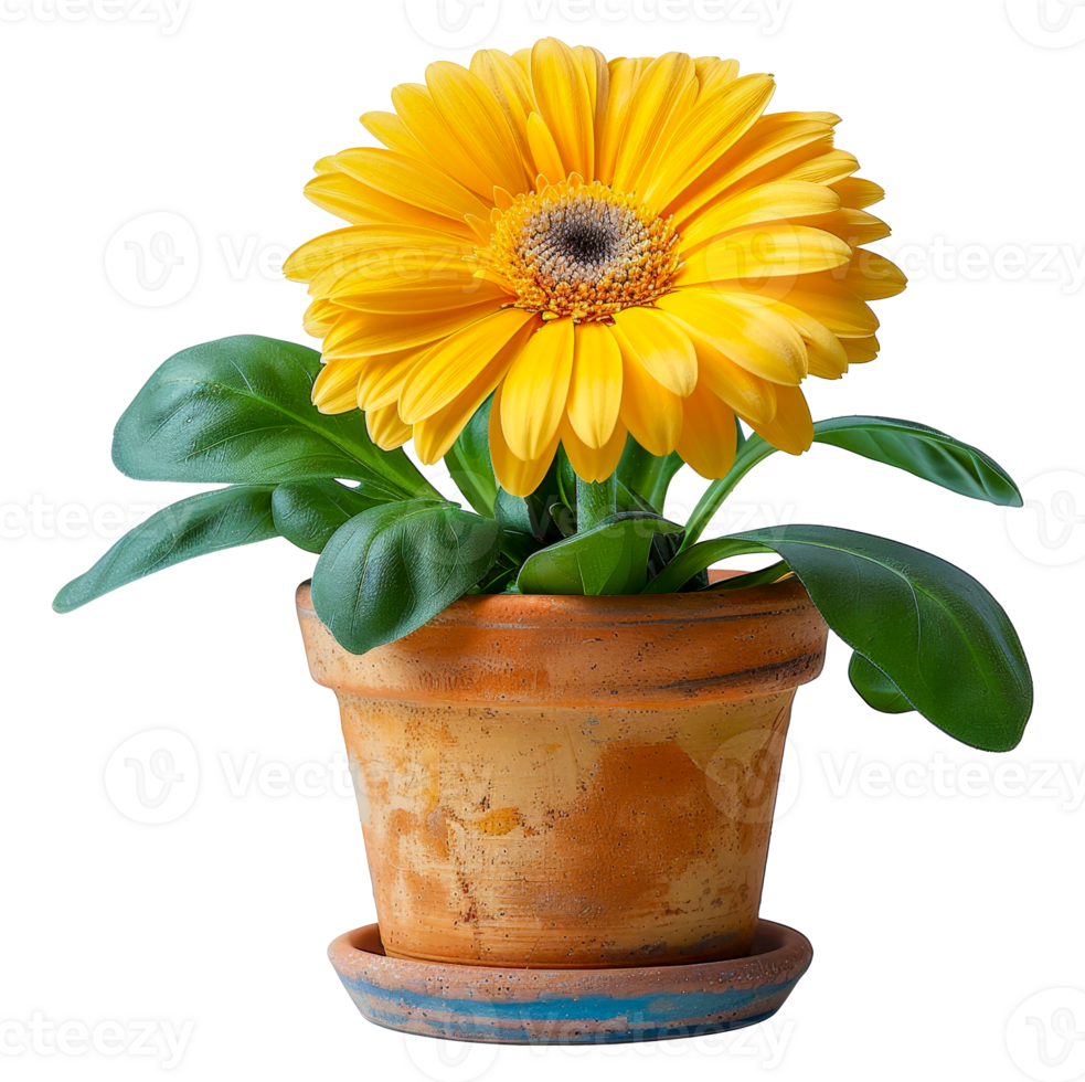 A yellow flower in a pot with a blue and white planter - stock .. png